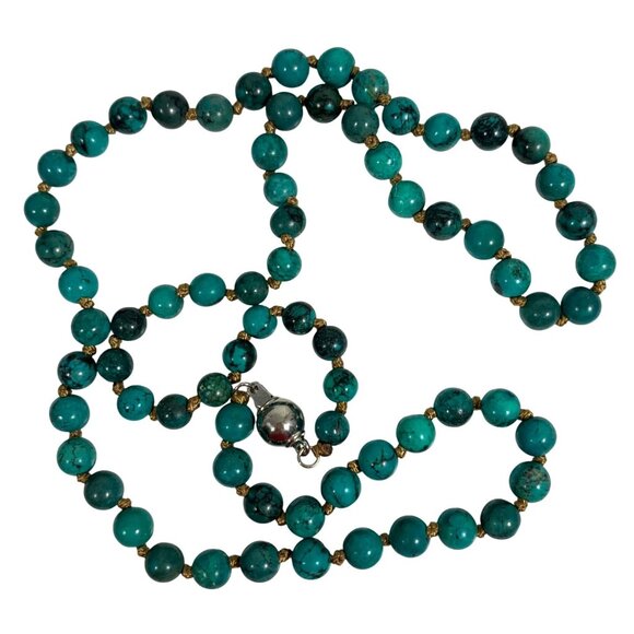 Round Turquoise Beaded Necklace w/ Brown Thread Knotted Accents, Silver Clasp - Picture 3 of 4